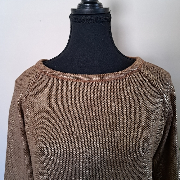 Zara Knit Sweater Gold Mwtallic Size Medium 3/4 Sleeve Round Neck - Picture 4 of 10